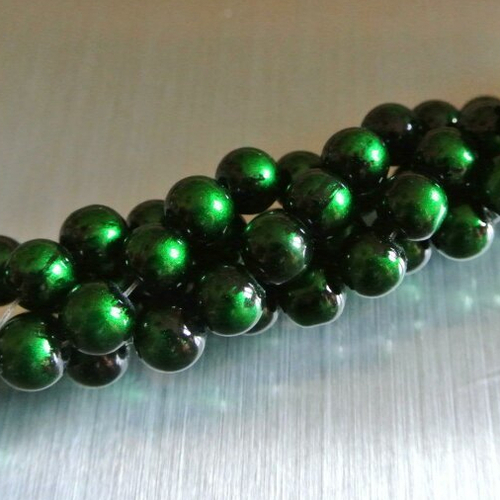 10 perles rondes et lisses 8 mm de diamètre en verre vert et noir, trou : 1,5 mm environ