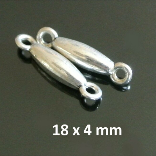 10 petits connecteurs argentés en forme d'olive allongée, deux trous de part et d'autres, 18 x 4 x 4 mm, trou : 1,5 mm 