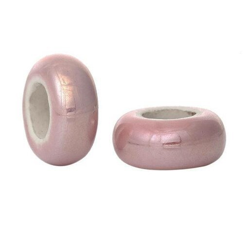 2 perles rondelles en céramique rose clair irisé, 13 x 6 mm, trou 6, 1 mm pour cordon jusqu'à 6 mm 