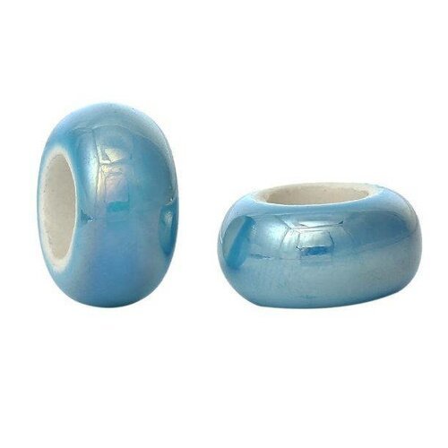 Lot de deux perles rondelles en céramique bleu irisé, 13 x 6 mm, trou : 6,1 mm