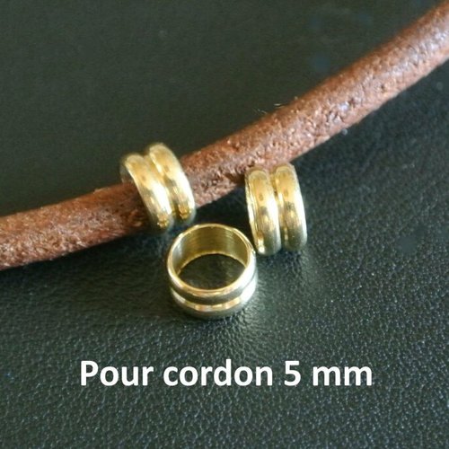 10 perles dorées tube double rondelle pour cordon 5 mm, 7 x 3,8 mm, trou 5,6 mm