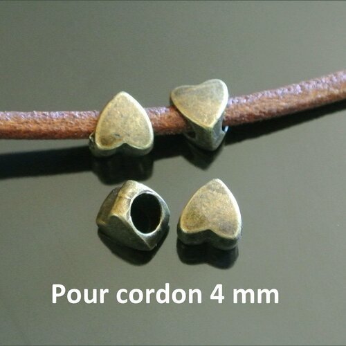 10 perles passantes couleur bronze coeur pour cordon rond 4 mm, trou 4,5 mm
