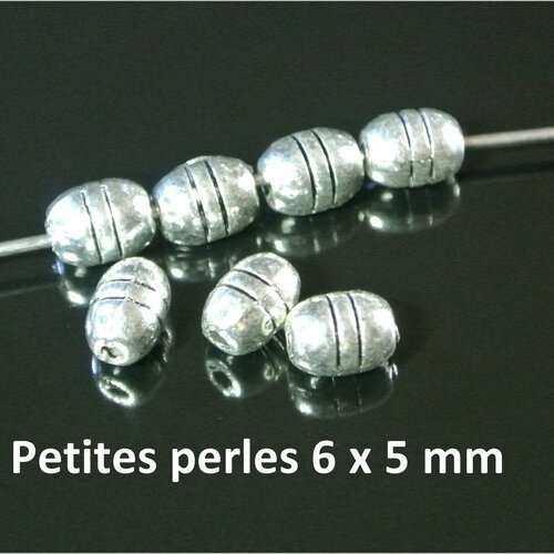 20 petites perles intercalaires olives, métal argenté gravé de 2 stries, 6 x 5 mm
