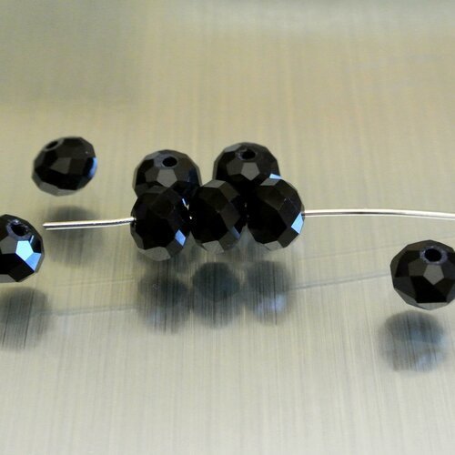 Lot de 10 perles 8 x 6 mm en verre noir à facettes, forme rondelle, trou : 1 mm 
