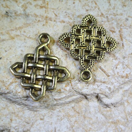 4 pendants tressage losange noeud chinois celte métal doré, 25 x 22 mm