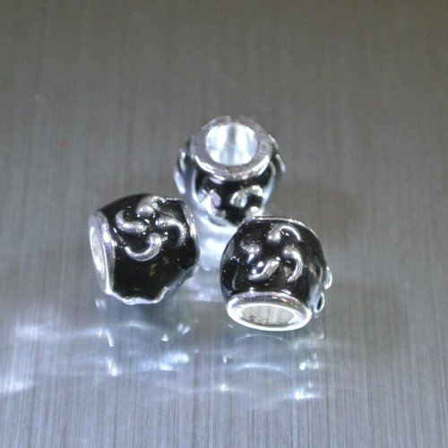 Deux perles européennes en verre gris noir, trou : 4,7 mm