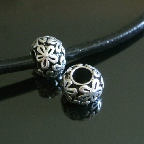 2 deux perles passantes rondes argentées, motif fleurs, 12 x 9 mm, trou 5,0 mm