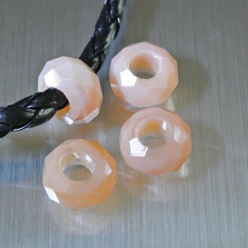 Paire de perles à facettes en verre rose orange pour cordon, ronde aplatie 14 x 8 mm, trou : 5,8 mm de diamètre 