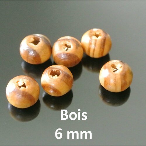 Lot de 50 perles en bois brut 6 mm, forme ronde, couleur marron plus ou moins clair, trou 2 mm environ