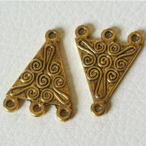 10 petits connecteurs triangulaires trois trous, métal doré motifs arabesques sur les deux faces