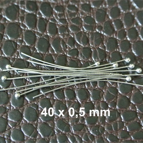 40 tiges clous 40 x 0,5 mm, tête ronde ou rotule, métal couleur argent platine, diamètre 0,5 mm
