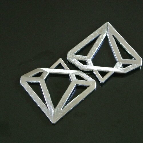 2 breloques évidées forme diamant métal argenté, 30 x 28 mm