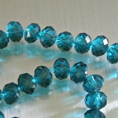 Lot de 20 perles (l) rondelles, 8 x 6 mm, verre à facettes translucide bleu canard ou peacock, trou : 1 mm environ