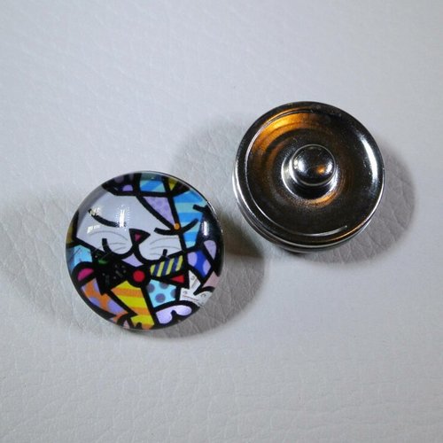 Deux boutons pression snap aluminium embellisseur de bracelet, verre et décor chat cubiste