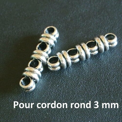 4 perles argentées 4 passants effets double rondelles, 27 x 6 mm, trou : 3,5 mm pour cordon rond de 3 mm,