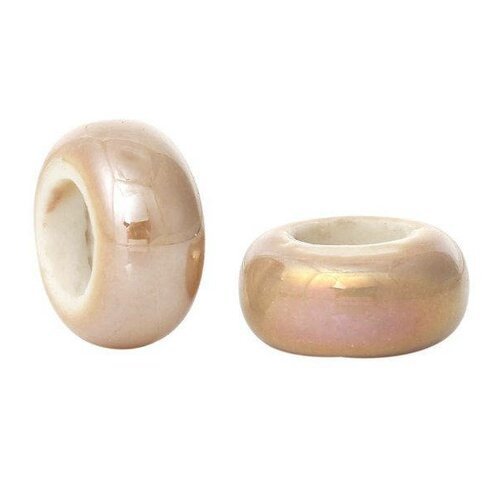 Lot de deux perles rondelles en céramique kaki irisé, 13 x 6 mm, trou : 6, 1 mm pour cordon jusqu'à 6 mm 