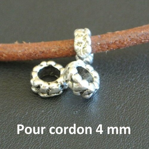 Lot de 10 perles passant métal argent vieilli, 8 x 3,5 mm, décor tressé, trou : 4,5 mm pour cordon rond 4 mm