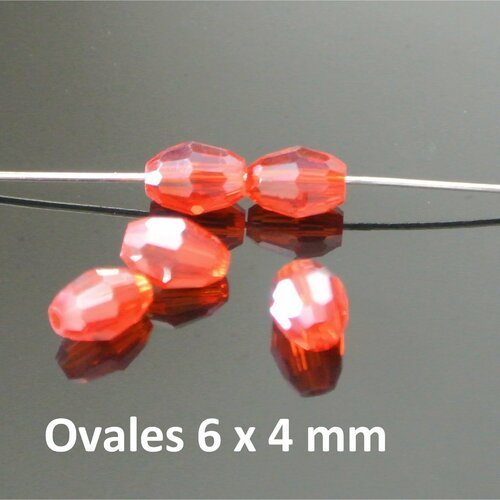 Lot de 20 petites perles ovales, 6 x 4 mm, olives, grain de riz, en verre à facettes rouge orange irisé