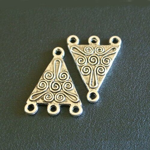 Lot de 6 connecteurs argentés triangulaires à motifs d'arabesques pour boucles d'oreilles, 3 trous, 22 x 16 mm, métal
