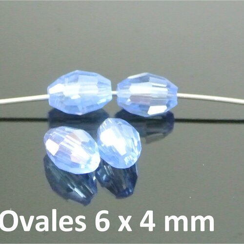 Lot de 20 petites perles ovales, 6 x 4 mm, olives, grain de riz, en verre à facettes bleu clair irisé