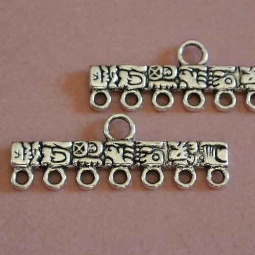 Quatre connecteurs à motifs pour bracelet ou collier, 7 trous, couleur argent vieilli, 38 x 14 mm, épaisseur : 2 mm