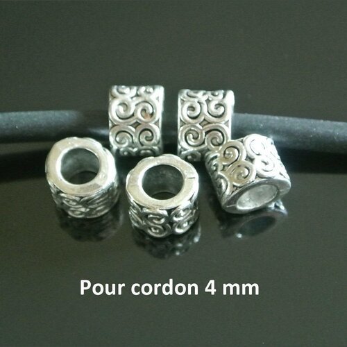 Lot de 10 perles passantes métal argenté pour cordon 4 ou 4,5 mm, motifs arabesques, 9 x 8 x 7 mm, trou 5 mm