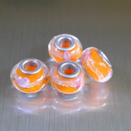 Lot de deux perles européennes en verre lampwork orange et motifs rose pâle, 14 x 9 mm, trou : 5 mm pour cordon 4 mm 