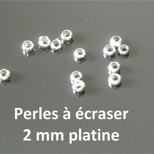 Lot de 200 perles à écraser en métal ton platine, diamètre 2 mm