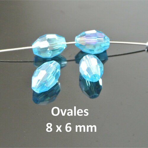 Lot de 10 petites perles ovales, 8 x 6 mm, olives, grain de riz, en verre à facettes bleu lac irisé