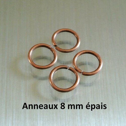 Lot de 50 anneaux ouverts cuivrés de diamètre 8 mm épais, métal couleur cuivre
