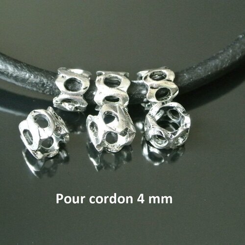 Lot de 10 perles passantes en métal argenté ajouré en 8, pour cordon 4 mm, 8 x 8,5 x 7,5 mm, trou : 5 mm