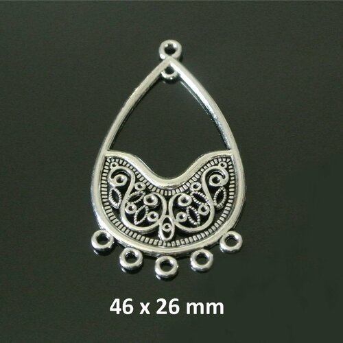 2 pendants d'oreilles bohème, 46 x 26 mm, métal argent vieilli, forme créole goutte 5 anneaux d'accroche et un, décor arabesques