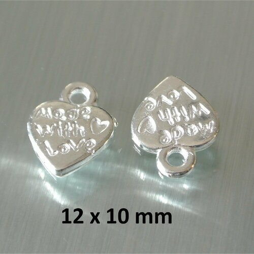 10 breloques métal argent clair forme coeur 12 x 10 mm, écriture made with love des deux côtés, anneau d'accroche 2 mm
