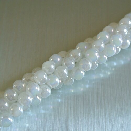 20 perles 6 mm en verre teinté blanc ab (irisé) rondes et lisses