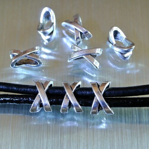 10 perles passantes 10 x 7 mm en métal argenté en forme de x, trou ovale 7,5 x 3 mm