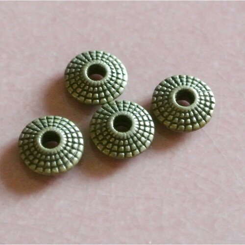 Dix jolies perles intercalaires en forme de soucoupe en métal couleur bronze, jolis motifs, 8 x 6 mm, trou : 2 mm