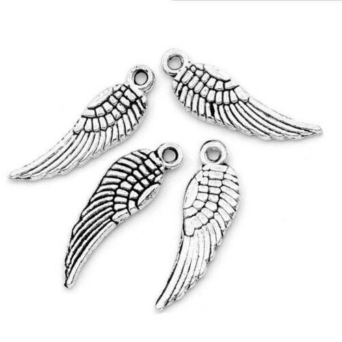 Lot de 10 petites breloques ailes d'ange, métal argent vieilli, 17 x 5 mm