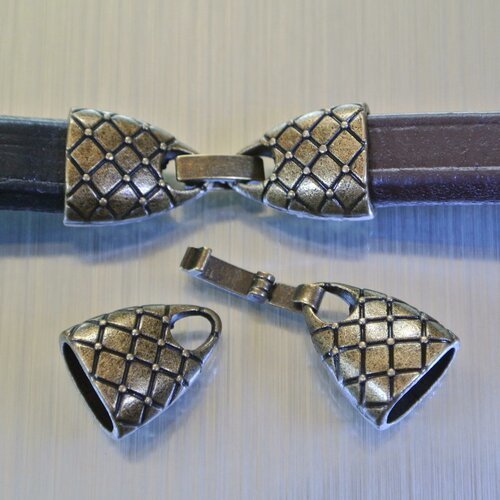 Fermoir à crochet clip pour cuir épais, métal bronze motifs losanges, 3,2 x 1,3 cm, trou : 10,1 mm