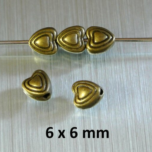 Lot de 10 petites perles intercalaires bronze en forme de coeur, 6 x 6 mm, trou  1 mm