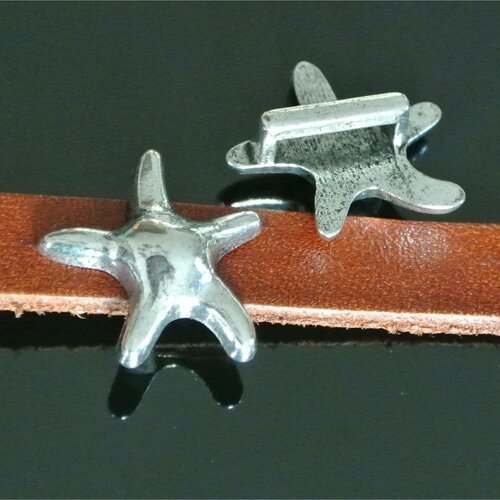 Six perles passants étoile de mer métal argenté, 20 x 19 x 8 mm, trou 10 x 3 mm  pour cordon plat 10 x 2 mm