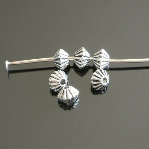 Lot de 40 perles intercalaires forme toupie à stries 4 x 4 mm, en métal argent vieilli, trou : environ 1 mm
