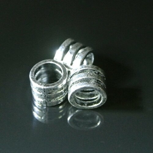 5 perles passantes argentées forme cylindre ajouré de deux fentes, 11 x 11 x 8,4 mm, trou rond 8 mm pour cordon 7,5 mm