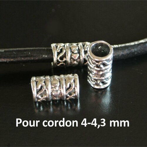 Lot de 10 perles argent antique tube arabesques évidées 12 x 6 mm, trou 4,5 mm pour cordon rond jusqu'à 4 mm
