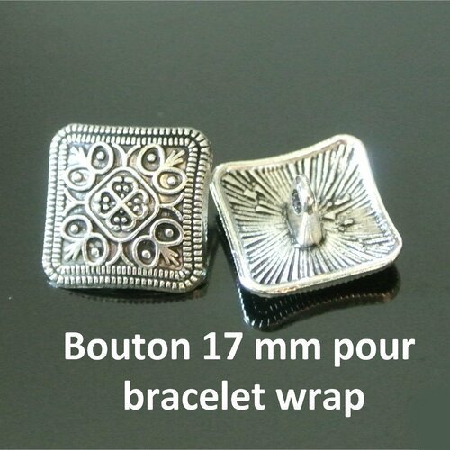 Paire de jolis fermoirs boutons métal argent antique carrés motif arabesques, 13 mm sur le petit côté, trou d'accroche 2 mm