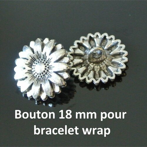 Paire de jolis fermoirs boutons en métal argent antique forme marguerite 18 mm, trou d'accroche proéminent rond 2,1 mm