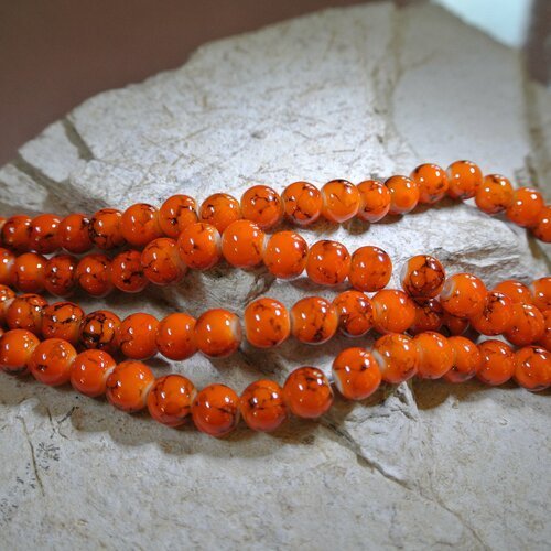 Lot de 20 perles rondes 8 mm en verre d'une couleur orange vif marbré de noir, trou : environ 1 mm 