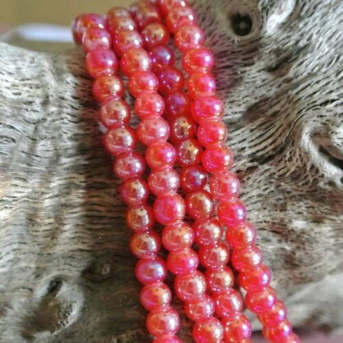Lot de 10 perles rondes et lisses 6 mm en verre rouge orangé irisé, trou 1,3 mm