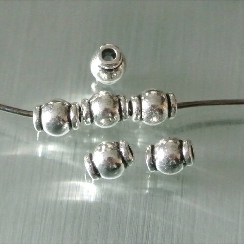 Lot de 20 petites perles en métal argenté en forme de tonneau à bourrelets, 5 x 6 mm, trou 2 mm environ