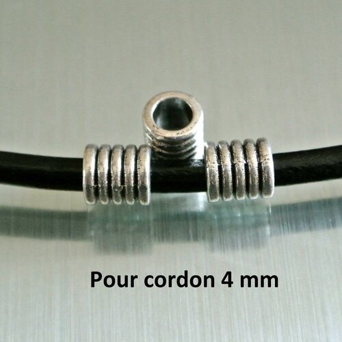 Lot de 10 perles passantes argentées forme tube à bourrelets, 8 x 7 mm, trou : 4,2 mm, pour cordon 4 mm en métal argent 