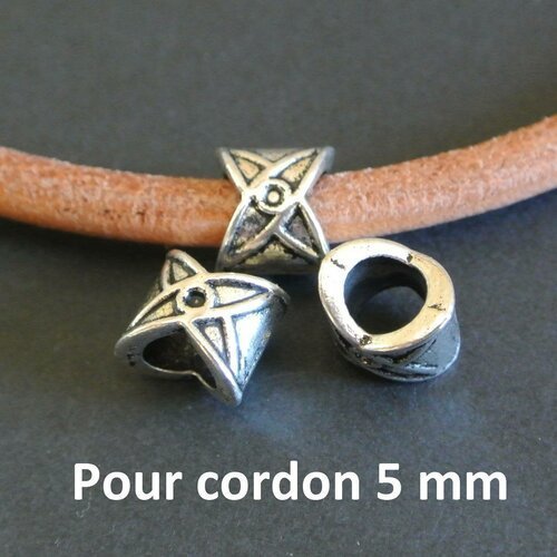Lot de 5 perles argentées en forme d'étoiles à 4 branches 10 x 9 x 9 mm, trou rond : 5,5 mm pour cordon rond 5 mm, en métal 